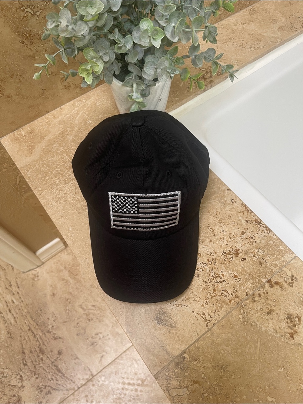 Black Baseball Cap with Monochrome American Flag Patch